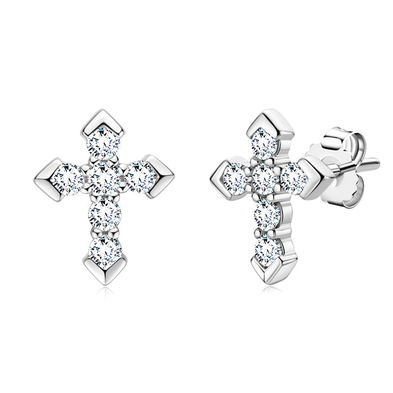 Personalized Cross Stud Earrings S925 Sterling Silver Inlaid with Moissanite, Simple Earrings
