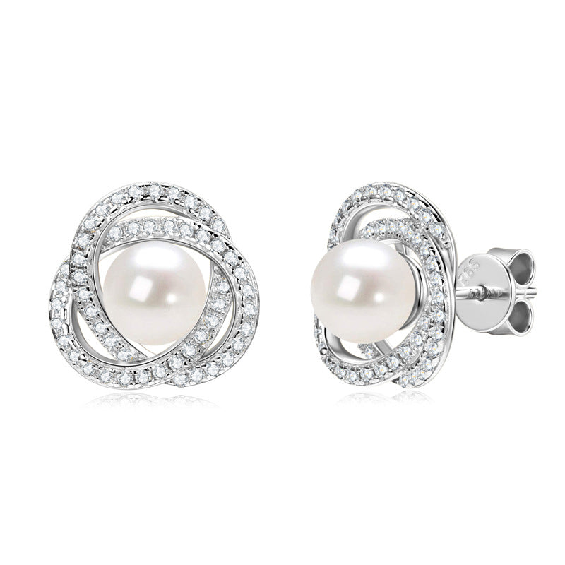 Elegant Silver Jewelry: Simple Moissanite Flower & Natural Freshwater Pearl Stud Earrings, Women's Versatile S925 Accessories