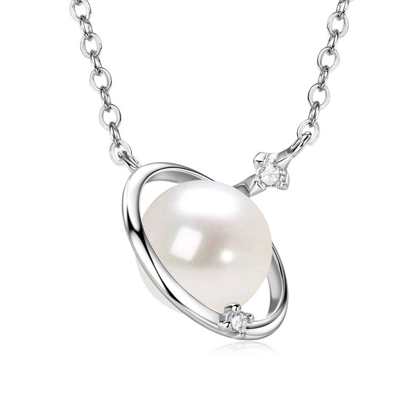 Exquisite S925 Sterling Silver Women's Saturn Necklace with Freshwater Pearl Pendant, Chic Niche Design Circle Jewelry for Women