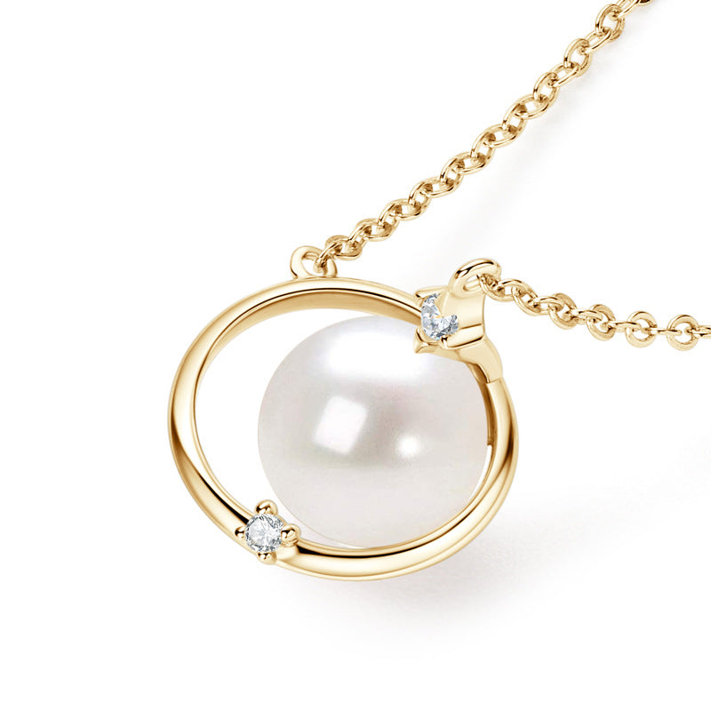 Exquisite S925 Sterling Silver Women's Saturn Necklace with Freshwater Pearl Pendant, Chic Niche Design Circle Jewelry for Women