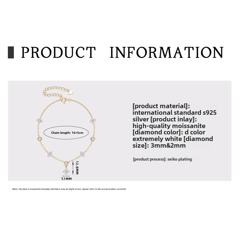 Fashion Ladies Friendship Bracelets Four Leaf Clover Moissanite Bracelet - Sterling Silver Plated 18K Gold Light Luxury Jewelry for Women.