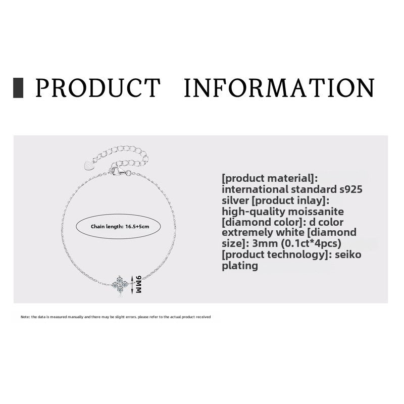 Fashion Ladies Friendship Bracelets Four Leaf Clover Moissanite Bracelet - Sterling Silver Plated 18K Gold Light Luxury Jewelry for Women.