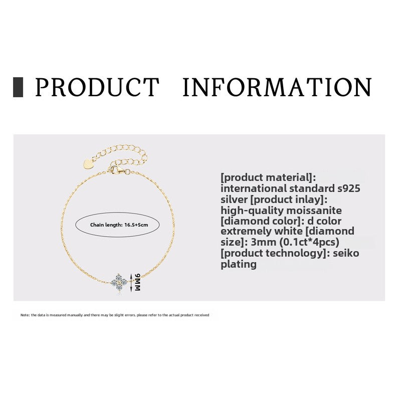 Fashion Ladies Friendship Bracelets Four Leaf Clover Moissanite Bracelet - Sterling Silver Plated 18K Gold Light Luxury Jewelry for Women.