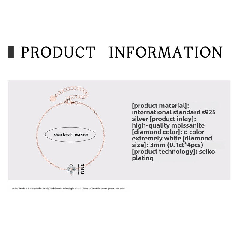 Fashion Ladies Friendship Bracelets Four Leaf Clover Moissanite Bracelet - Sterling Silver Plated 18K Gold Light Luxury Jewelry for Women.