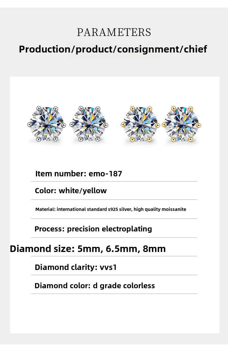 Classic Ladies Jewelry, Six-Claw Moissanite Stud Earrings Design S925 Sterling Silver Ear Jewelry Earrings for Girls - LovelyDomi