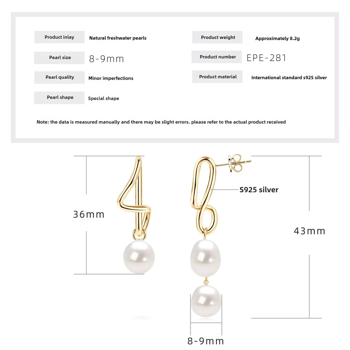 Elegant and Unique Ladies Pearl Earrings in Asymmetrical Design, 925 Sterling Silver Jewelry for Women