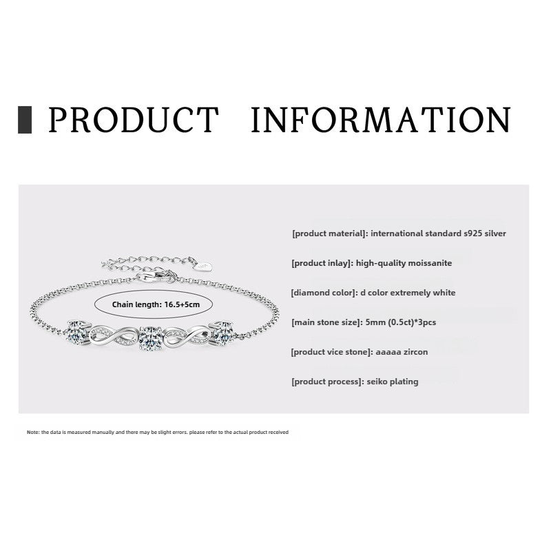 Elegant New S925 Sterling Silver Bracelet with Moissanite Diamond Wireless Symbol Women's Fashion Sense