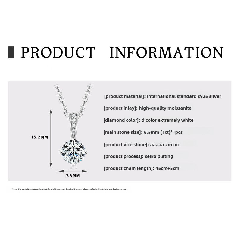 Women's D Color Moissanite  Pendant Necklace Jewelry: Classic Six-Claw 925 Silver Necklace for Wholesale