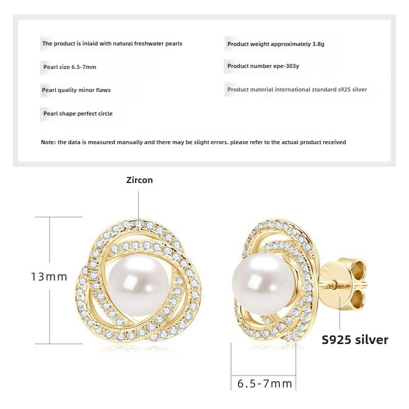Elegant Silver Jewelry: Simple Moissanite Flower & Natural Freshwater Pearl Stud Earrings, Women's Versatile S925 Accessories