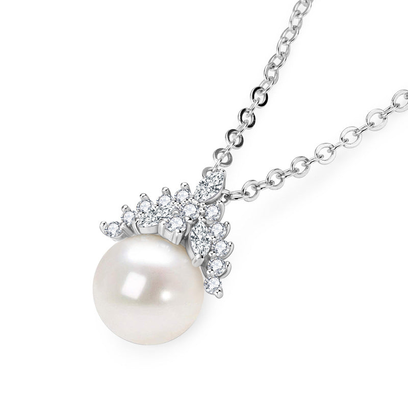 Exquisite S925 Sterling Silver Crown Pendant Necklace with Moissanite and Pearl - Fashion Jewelry Gift for Women
