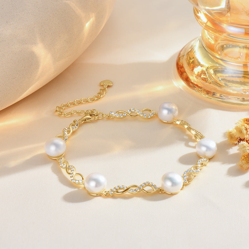 Elegant Silver Moissanite Pearl Bracelet, Natural Freshwater Pearl Jewelry for Women, Mother's Day Gift