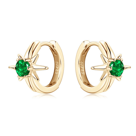 Vintage Emerald Star Hoop Earrings - S925 Silver Octagram Earrings for Ladies  Party Jewelry for Women.