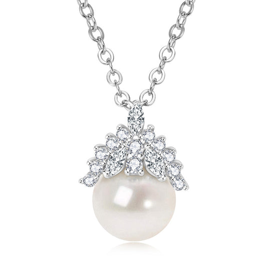 Exquisite S925 Sterling Silver Crown Pendant Necklace with Moissanite and Pearl - Fashion Jewelry Gift for Women