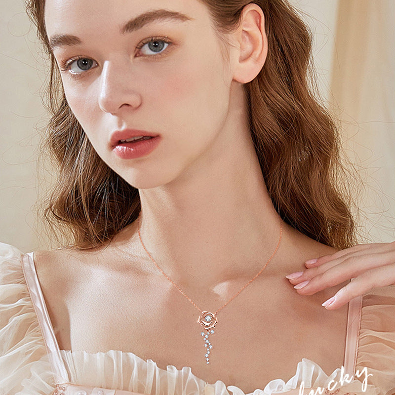 Elegant Rose Gold Necklace with Female Moissanite Accent, 925 Sterling Silver Chain for Women