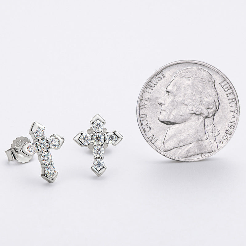 Personalized Cross Stud Earrings S925 Sterling Silver Inlaid with Moissanite, Simple Earrings