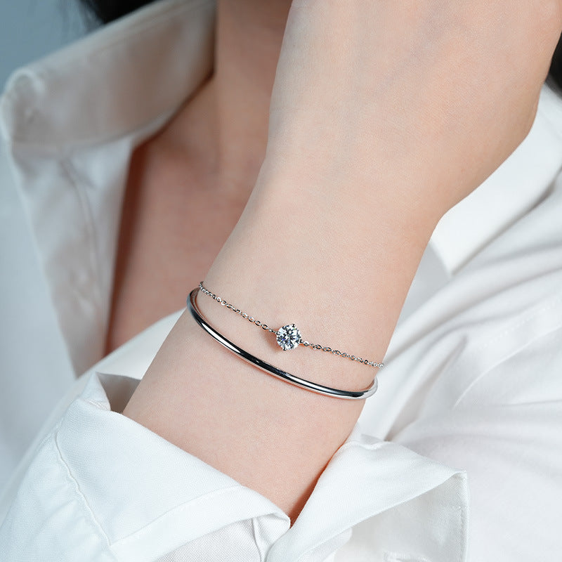 Trendy Women's S925  Silver Stacked Moissanite Bracelet Light Luxury Design