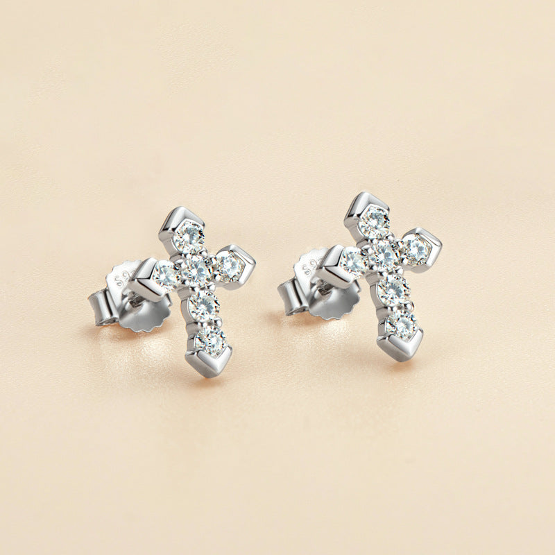 Personalized Cross Stud Earrings S925 Sterling Silver Inlaid with Moissanite, Simple Earrings