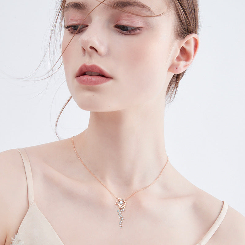 Elegant Rose Gold Necklace with Female Moissanite Accent, 925 Sterling Silver Chain for Women