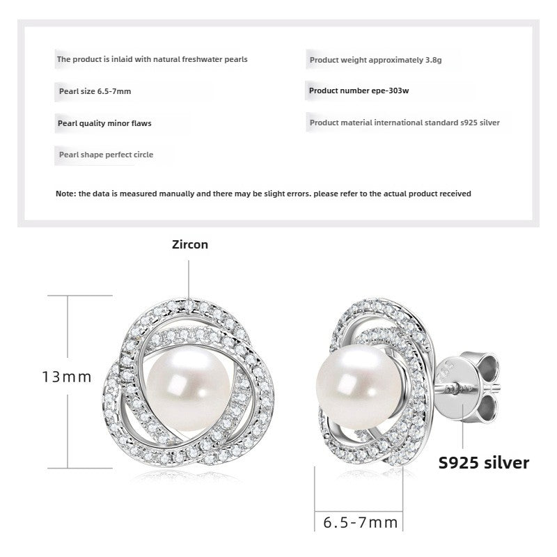 Elegant Silver Jewelry: Simple Moissanite Flower & Natural Freshwater Pearl Stud Earrings, Women's Versatile S925 Accessories