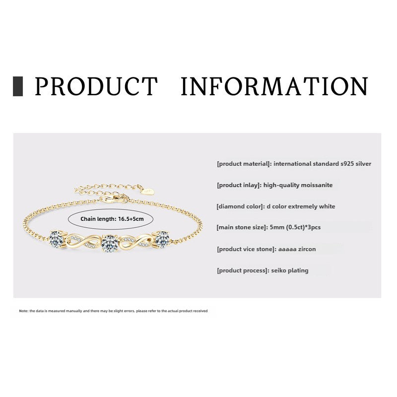 Elegant New S925 Sterling Silver Bracelet with Moissanite Diamond Wireless Symbol Women's Fashion Sense